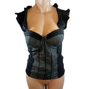 NWT Vintage Y2K Costa Blanca Corset Flutter Straps Strech Top Goth Denim Twill L